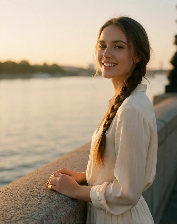 Verified member with a long braid resting her hands on a stone balustrade beside a river at sunset