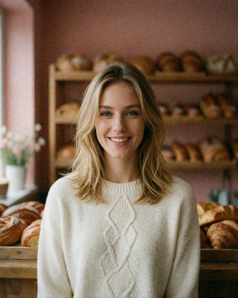 Bright-eyed Polish woman with shoulder-length blonde hair smiling at the counter of a small artisan bakery