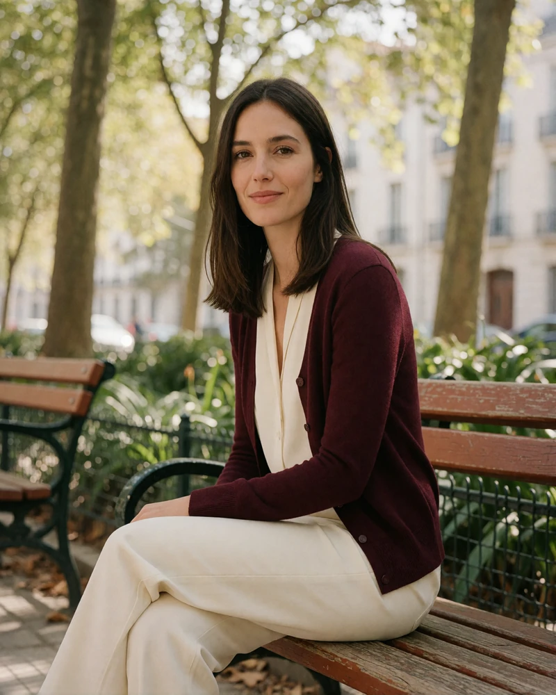 Moldovan woman with straight dark-brown hair sitting on a park bench along a leafy city boulevard