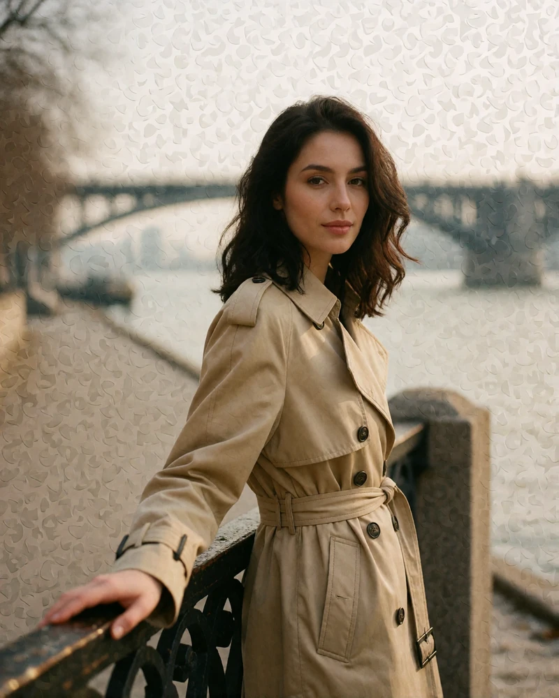 Poised Ukrainian woman with dark wavy hair in a beige trench coat resting a hand on a riverside railing