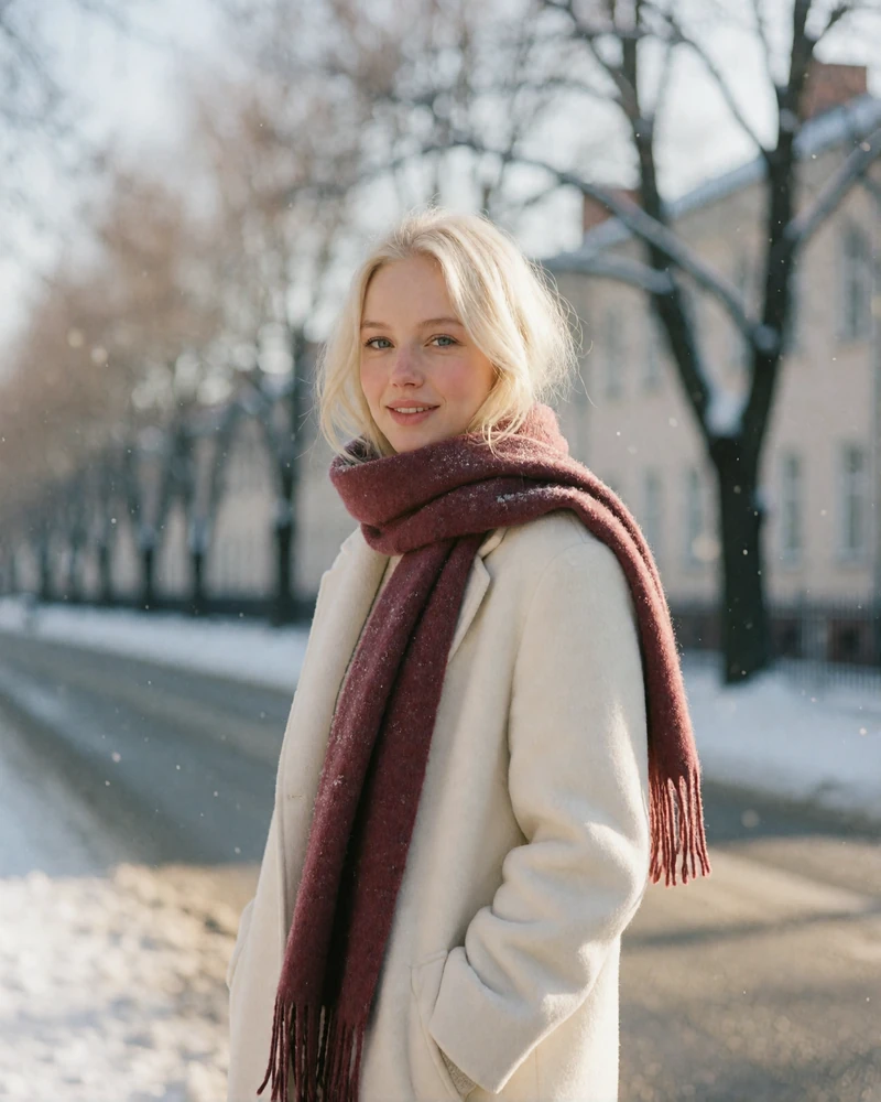 Belarusian woman with pale blonde hair smiling on a snow-dusted street, wearing an ivory coat and burgundy scarf