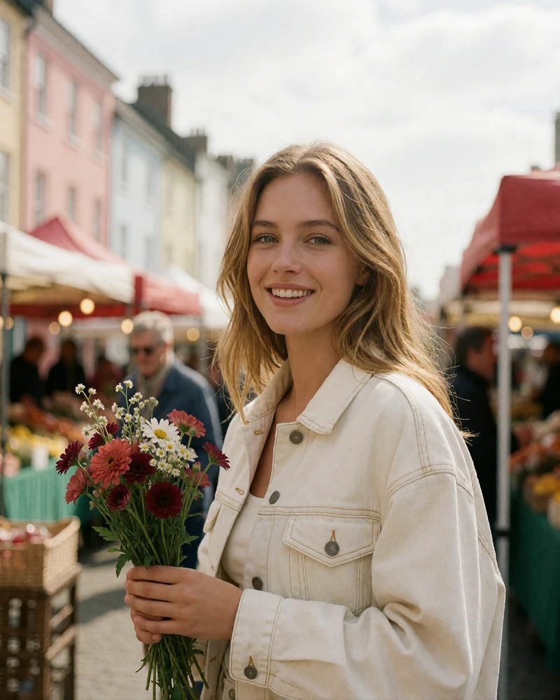 Smiling Slovak woman with honey-blonde hair holding wildflowers at an open-air town market stall