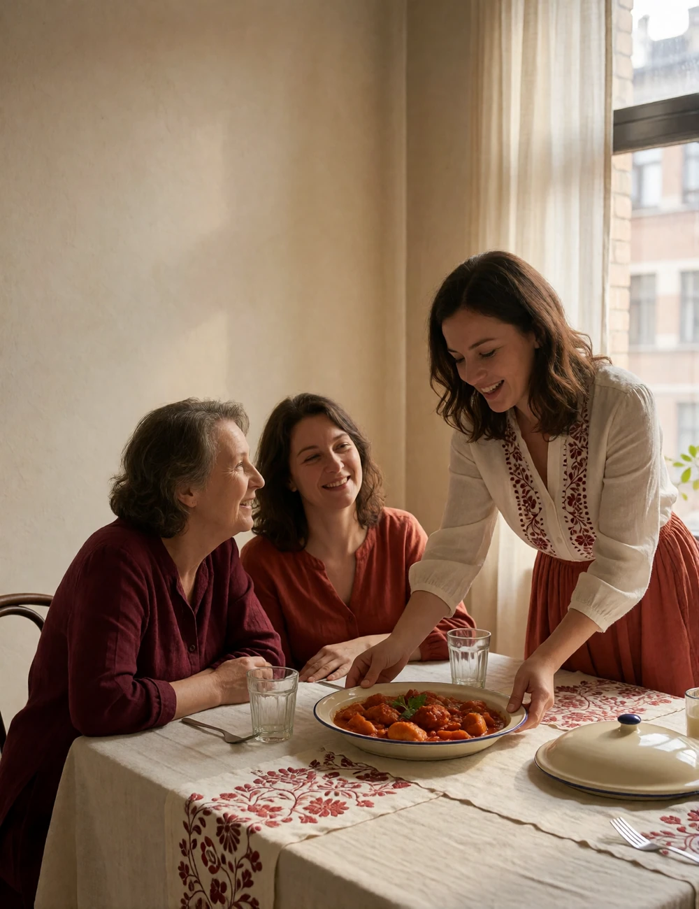 Three generations of a Hungarian family gathered around a table in a warmly lit apartment, sharing a paprika stew