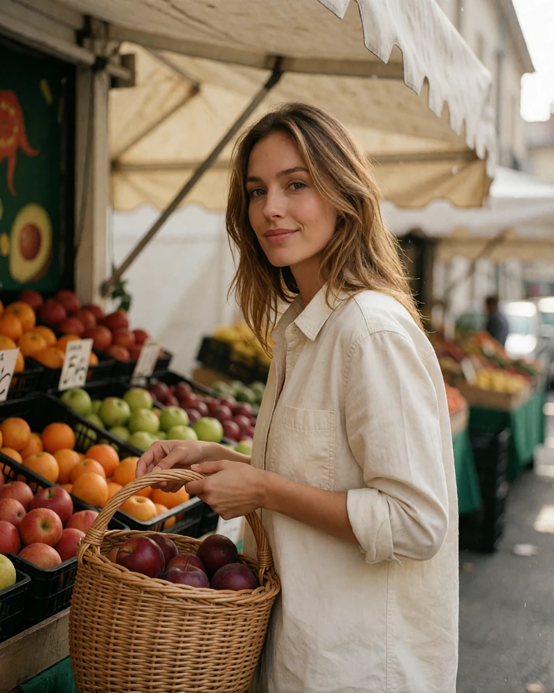 Moldovan woman with honey-brown hair browsing fresh produce at an outdoor market stall