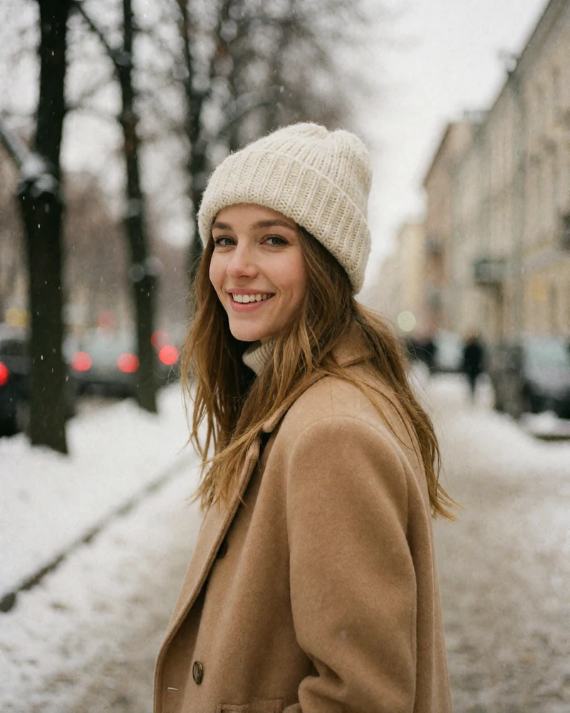 Cheerful Russian woman in a camel coat and cream knit hat walking along a snow-dusted boulevard