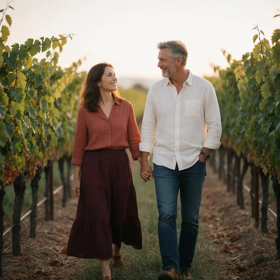 Couple in their forties walking hand in hand between vine rows at golden hour in the Moldovan countryside