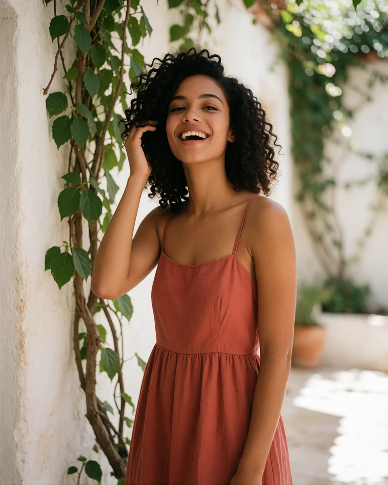 Young Moldovan woman with dark curly hair laughing softly in a whitewashed courtyard filled with greenery