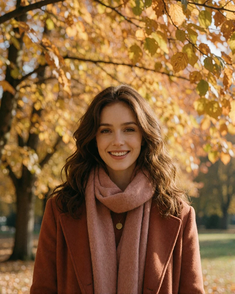 Romanian woman with wavy chestnut hair smiling under golden autumn trees in a rust-colored coat