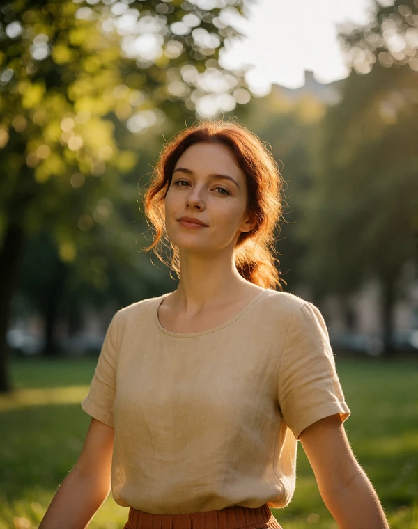 Verified member with auburn hair standing in a sunlit city park, smiling calmly at the camera