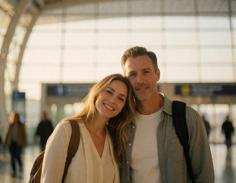 Couple embracing in a bright airport arrivals hall after an international flight, both smiling