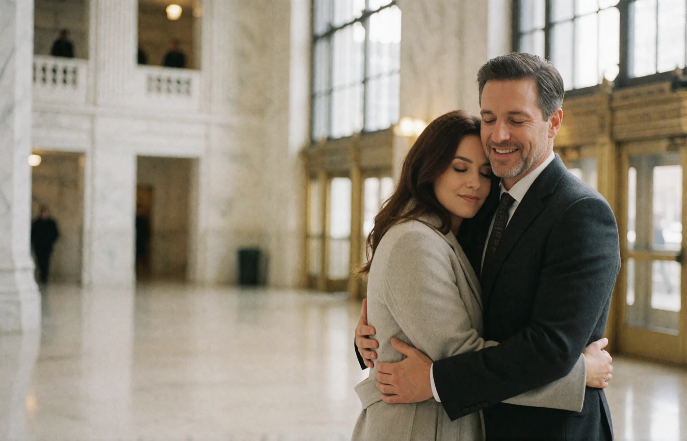 Couple embracing warmly at an airport arrivals concourse after meeting in person