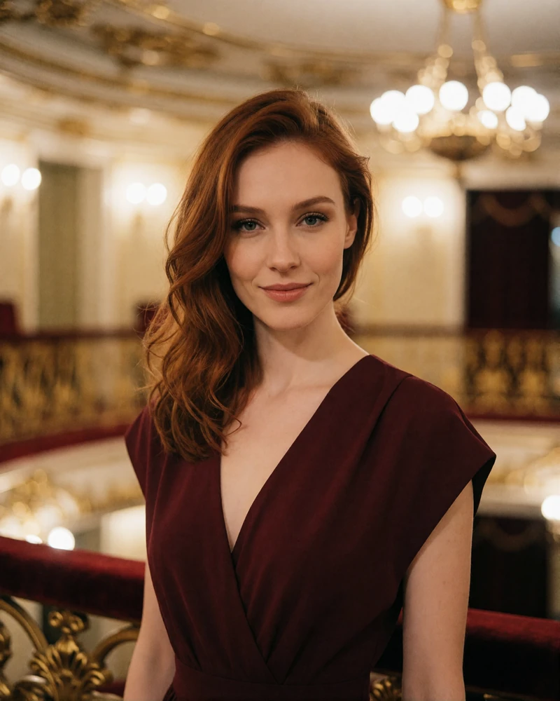 Graceful Russian woman in a deep burgundy dress smiling in a warmly lit theatre foyer