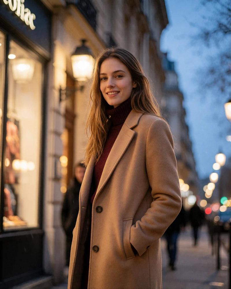 Light-brown-haired Hungarian woman in a camel coat smiling on a lively evening street with lit facades behind her