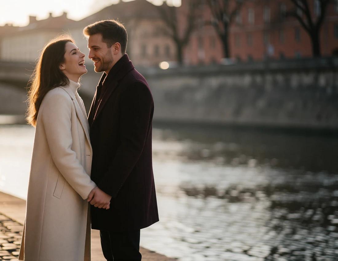 Couple embracing on a European riverside promenade at golden hour after meeting internationally