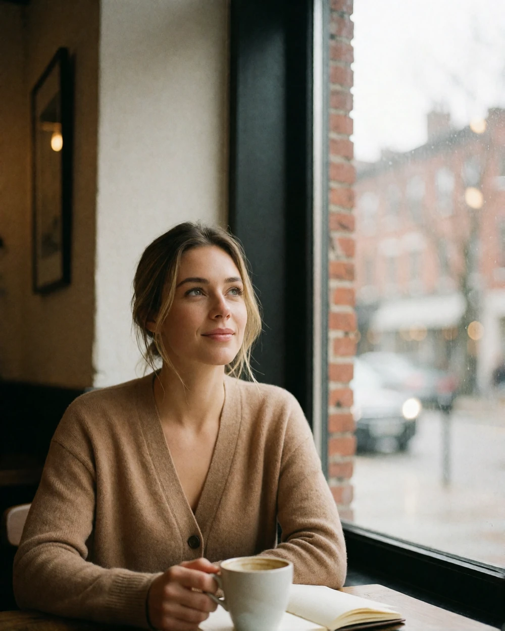 Woman in her late twenties smiling warmly over a coffee cup at a sunlit cafe window table