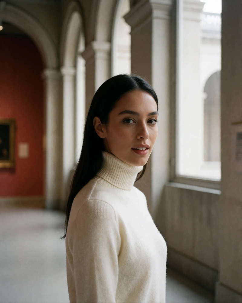 Hungarian woman with sleek dark hair in a cream turtleneck standing in a bright museum corridor with arched windows