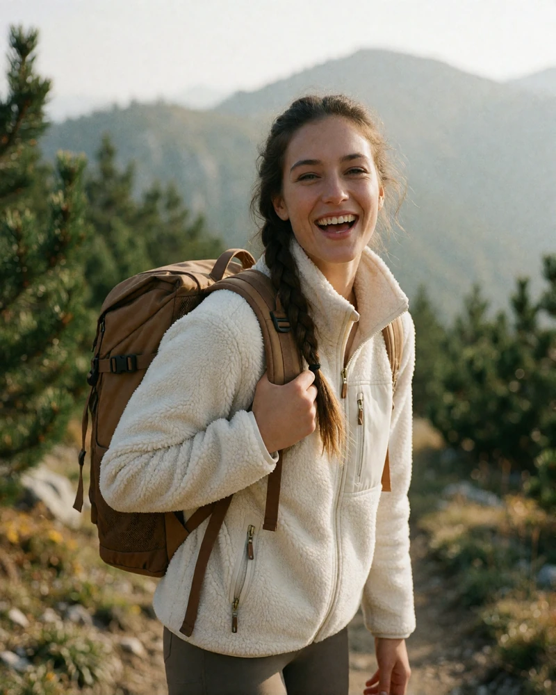 Energetic Bulgarian woman in a fleece jacket laughing on a mountain trail near Bansko