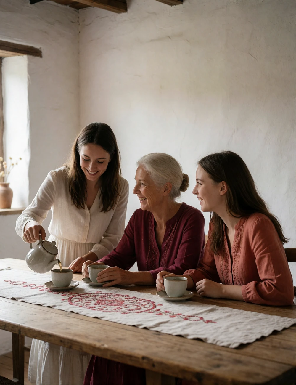 Three generations of Slovak women laughing together at a long wooden table during a family tea gathering
