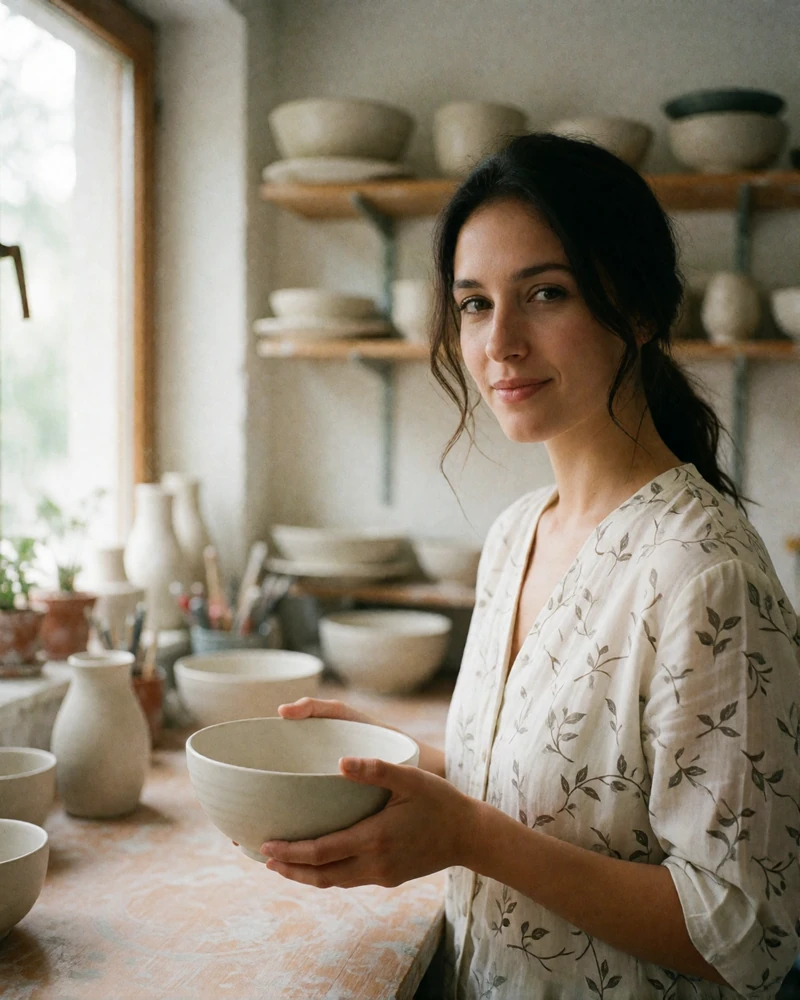 Focused Bulgarian woman with dark hair tied back holding an unglazed bowl in a small ceramics studio