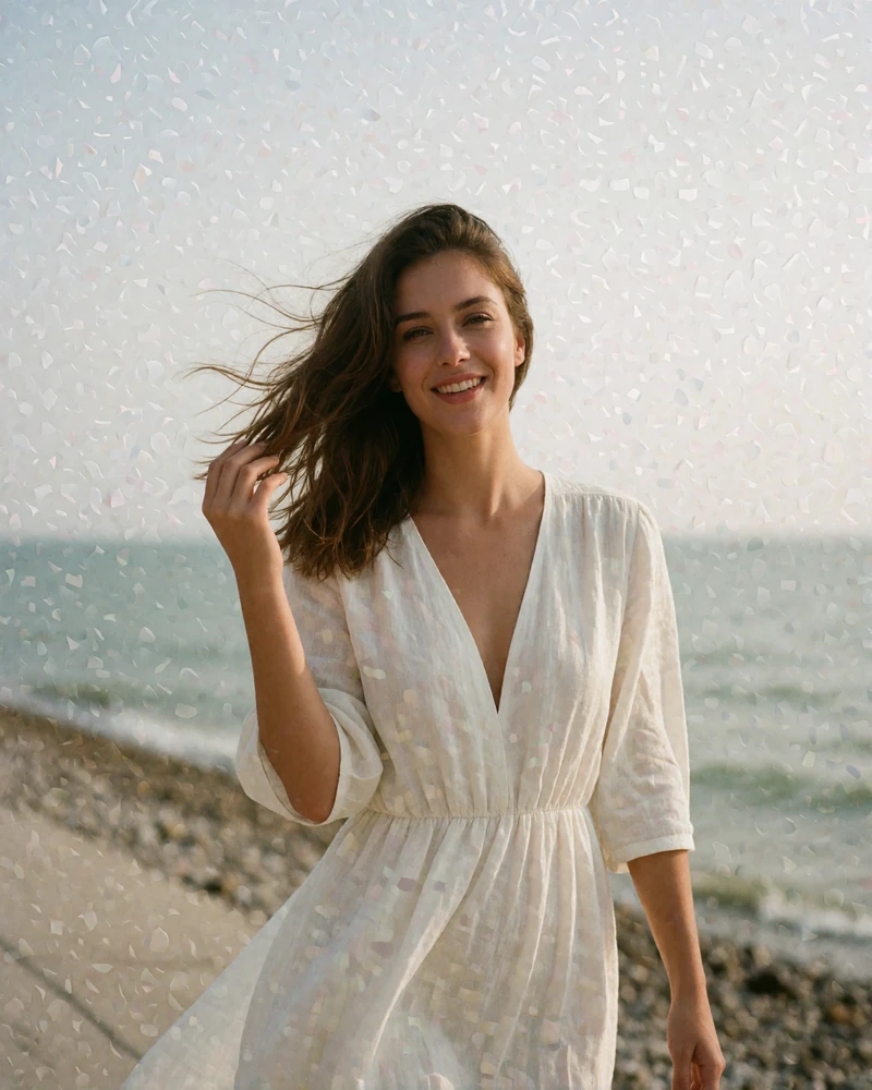 Romanian woman with sun-lit brown hair walking along a seaside promenade in a flowing white dress