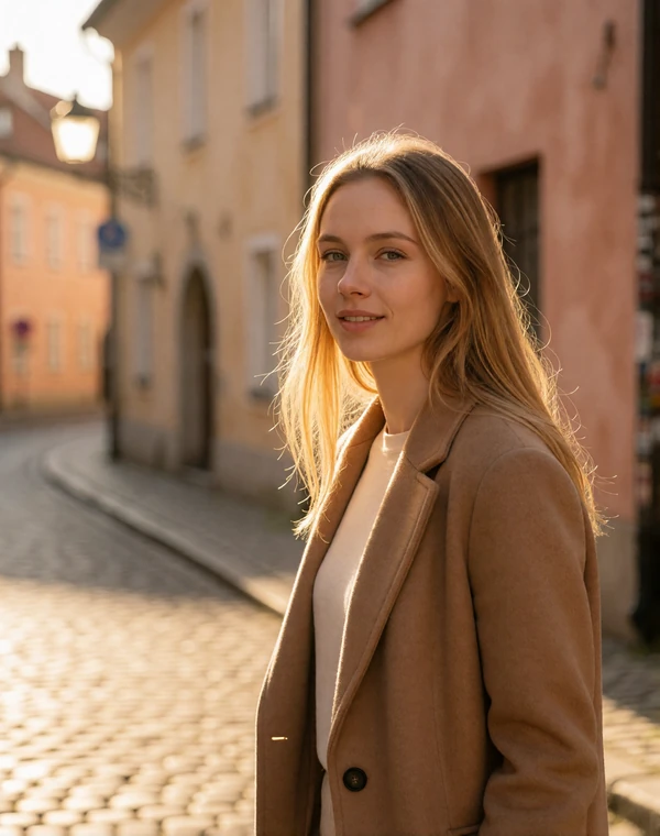 Verified member in her late twenties walking along a cobblestone European street in a camel coat