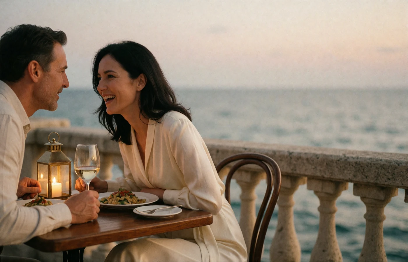 Couple in their forties sharing an evening meal at a seaside terrace table with a calm sea in the background
