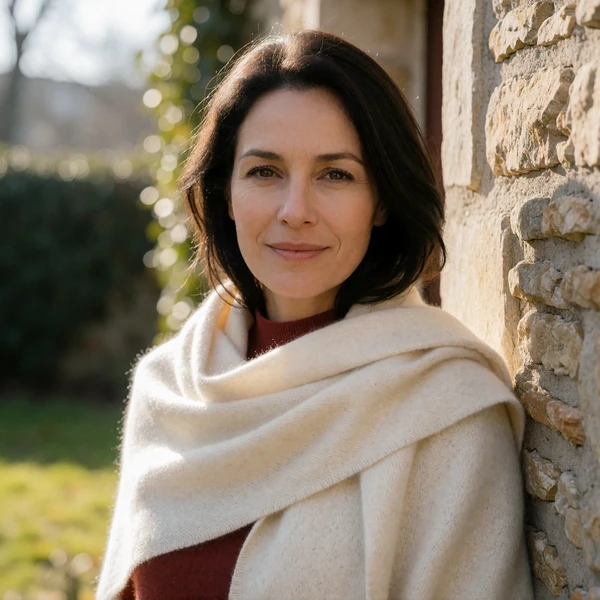 Close portrait of a Moldovan woman in an ivory shawl smiling gently near a stone wall