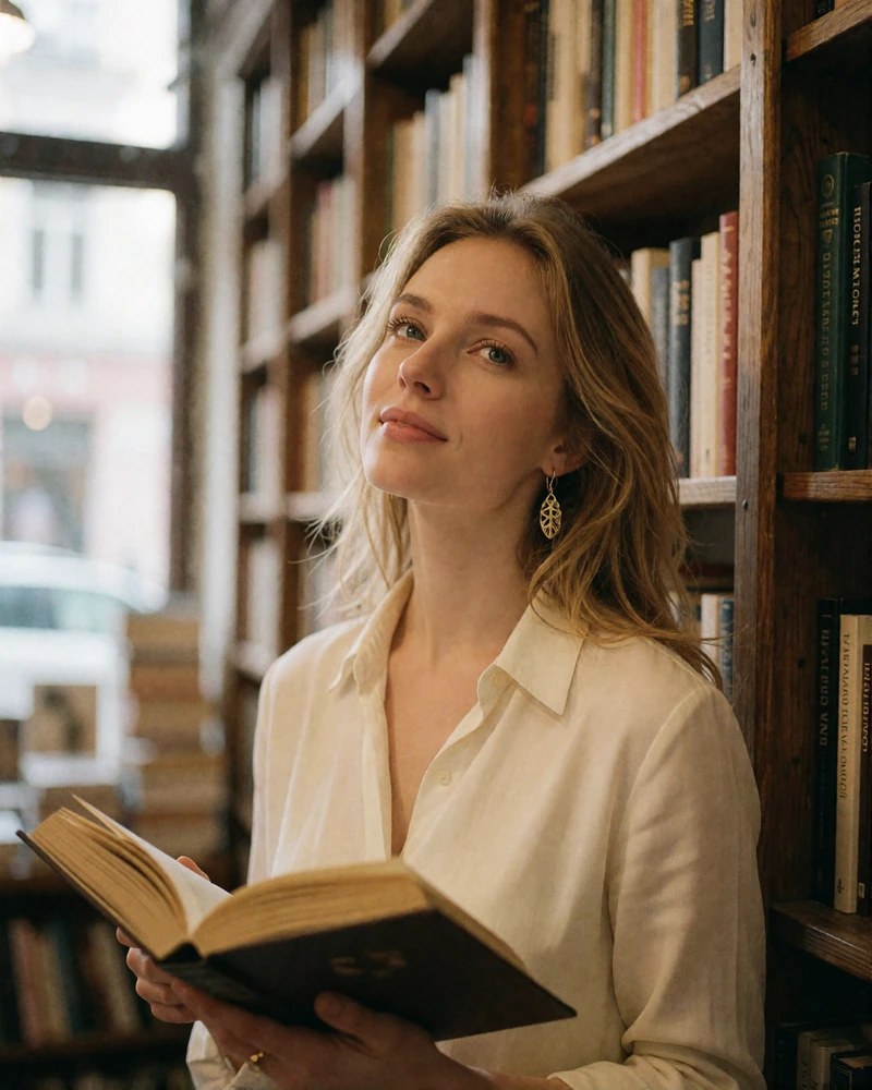 Ukrainian woman with light blonde hair holding an open book among tall wooden shelves in an independent bookshop