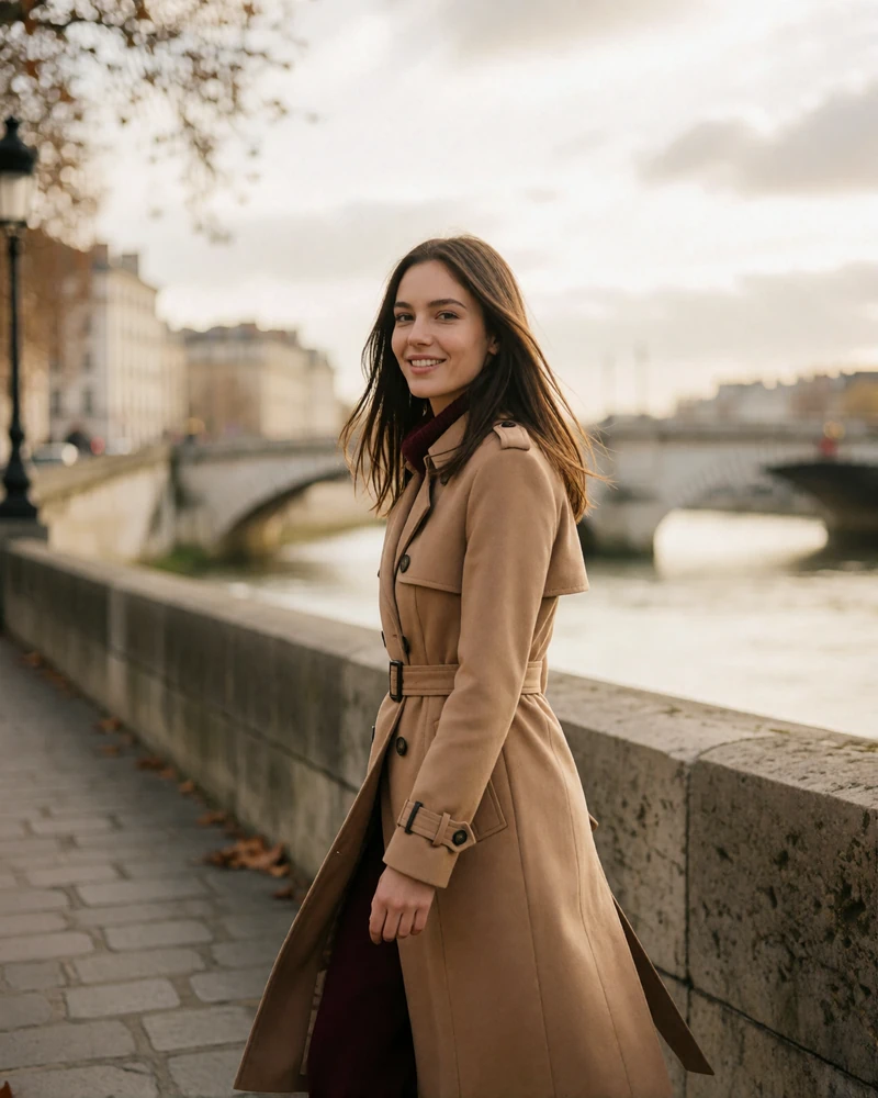Czech woman with straight brunette hair in a camel trench coat walking along a stone riverside promenade