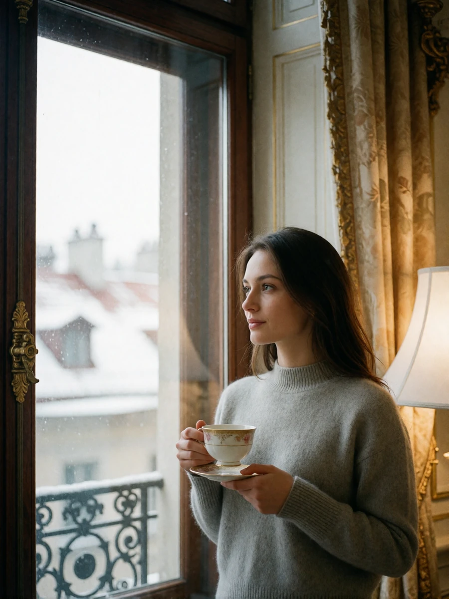 Elegant Russian woman in a grey cashmere sweater holding a teacup beside a tall window in a classic apartment
