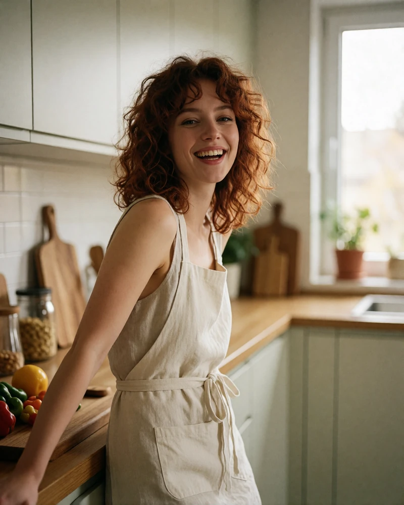 Warm Polish woman with curly auburn hair laughing lightly in a bright modern kitchen wearing a linen apron