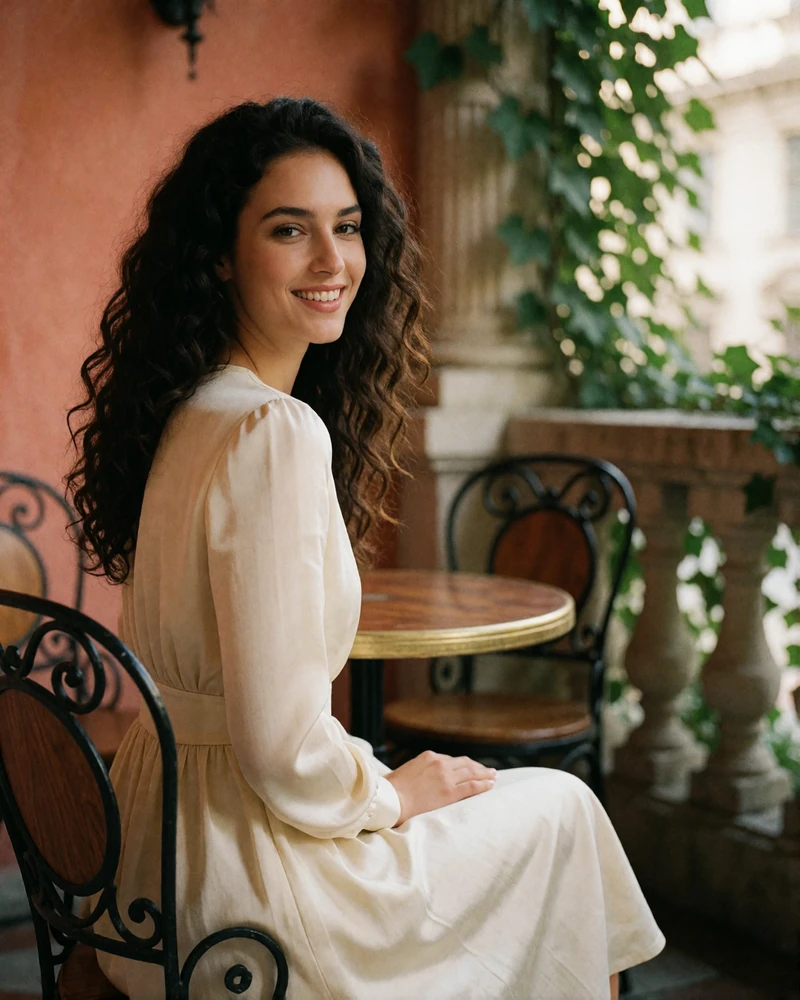 Romanian woman with long dark curls smiling on a wrought-iron café terrace chair in Bucharest