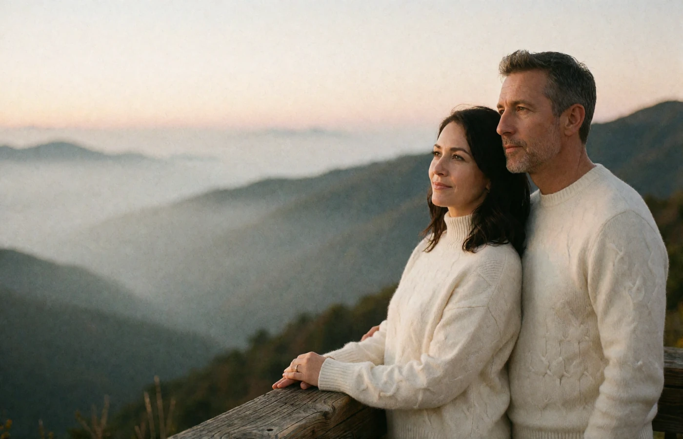 Couple in their forties standing on a wooden mountain overlook in Romania, looking out over a misty valley together