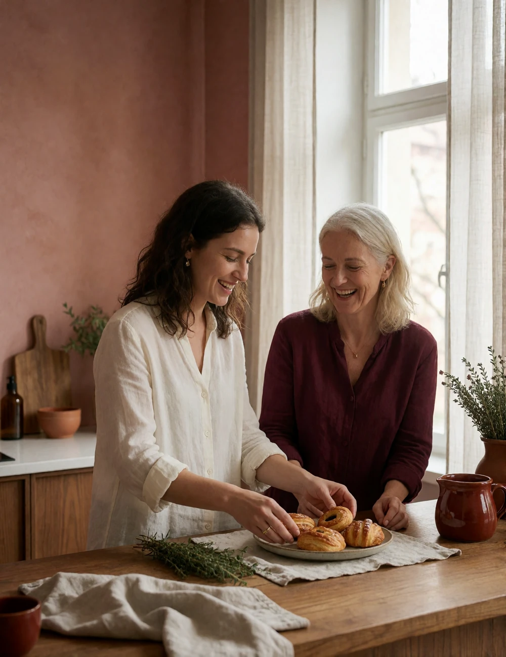 Two Czech women, one older and one younger, laughing together while preparing pastries in a bright kitchen