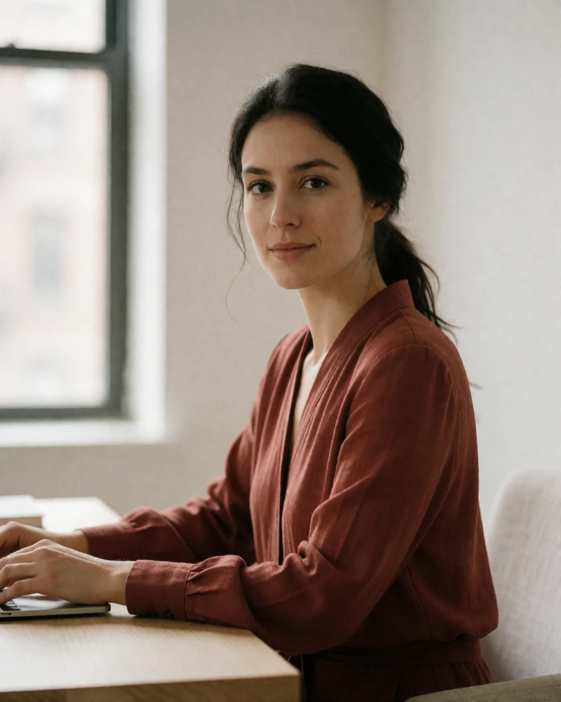 Slovak woman with dark hair tied back turning from her desk in a bright minimal apartment