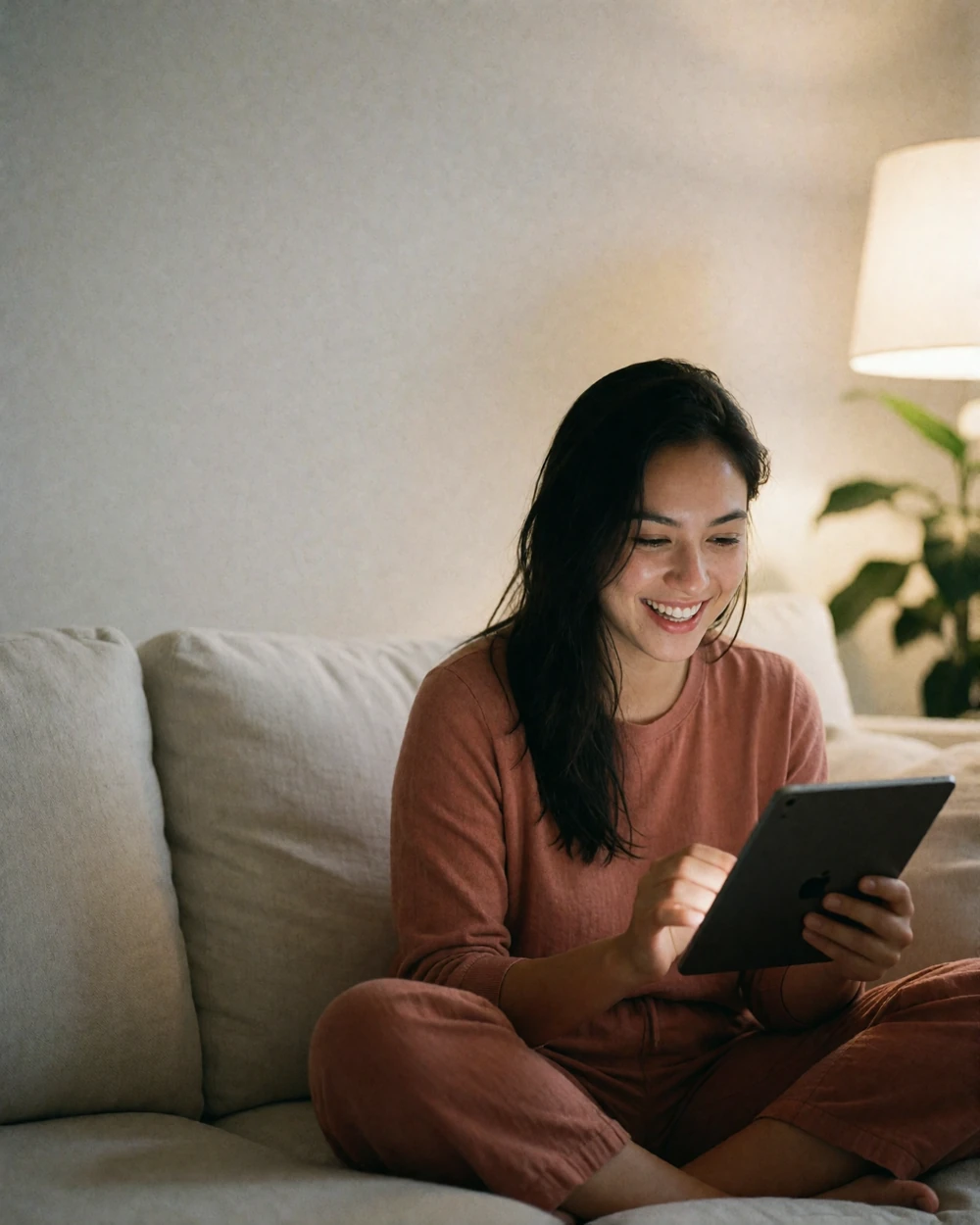 Woman sitting on a linen sofa in a modern apartment laughing softly during an evening video call