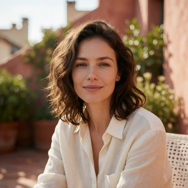 Smiling Czech woman in a cream linen shirt on a sunlit rooftop terrace