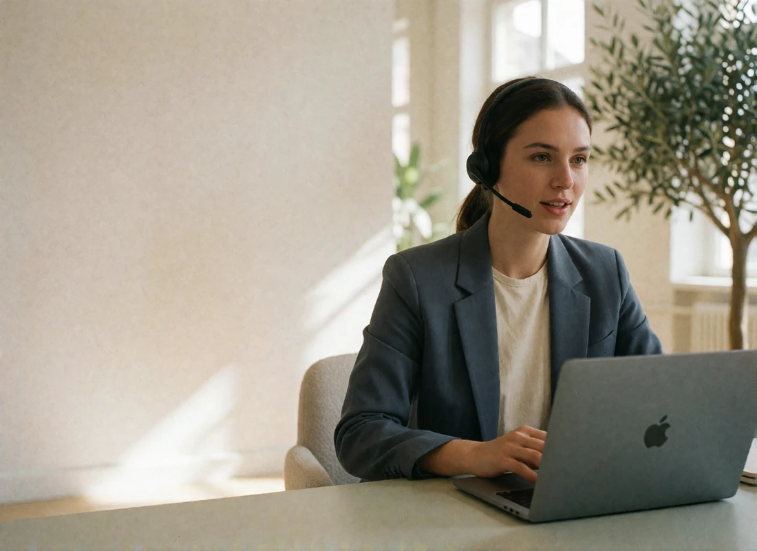 Support specialist in a slate-grey blazer reviewing member accounts from a bright office desk
