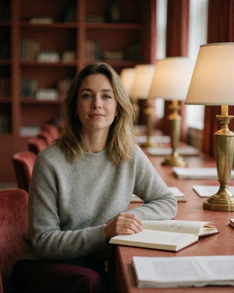 Belarusian woman with dark blonde hair sitting at a library reading table, smiling warmly at the camera