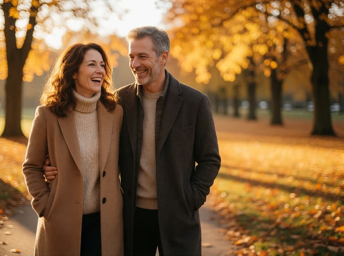 Couple in their forties walking arm in arm along an autumn park path lined with golden foliage