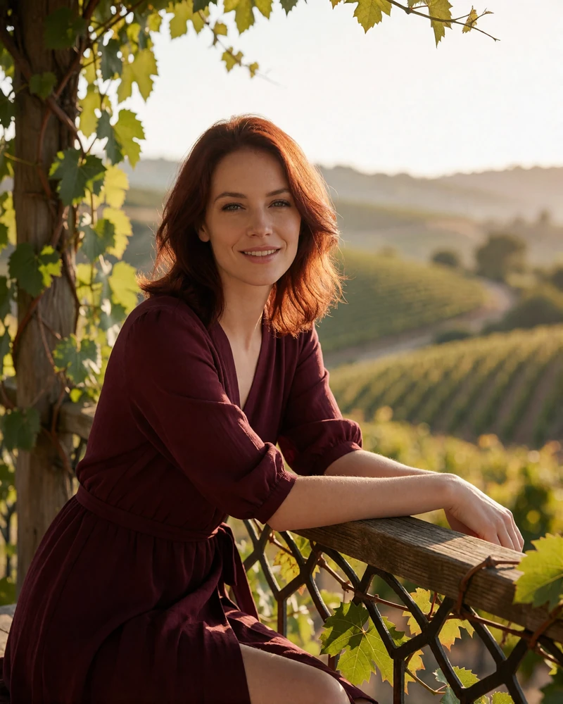 Auburn-haired Hungarian woman in a burgundy wrap dress resting on a vineyard terrace railing overlooking rolling hills