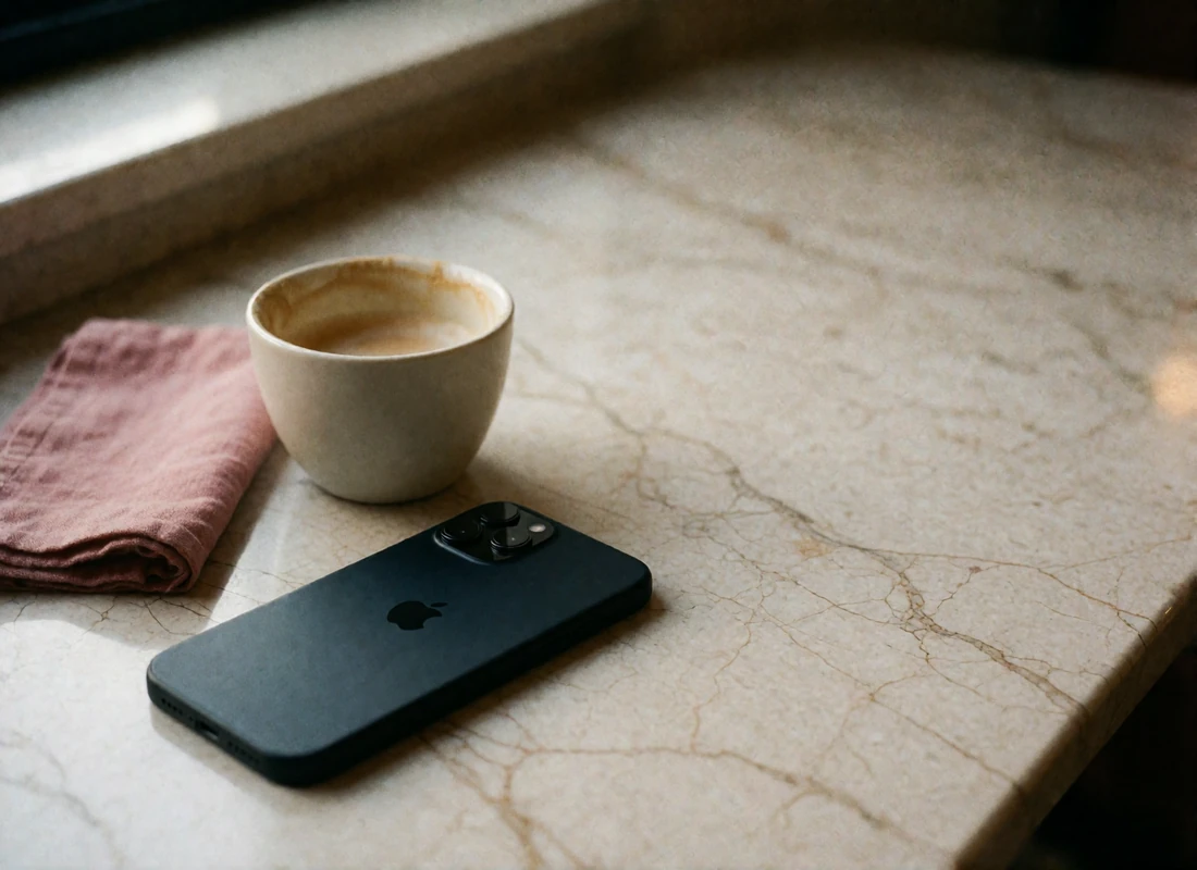 Matte black smartphone lying face-down beside a coffee cup on a pale marble cafe table in late afternoon light