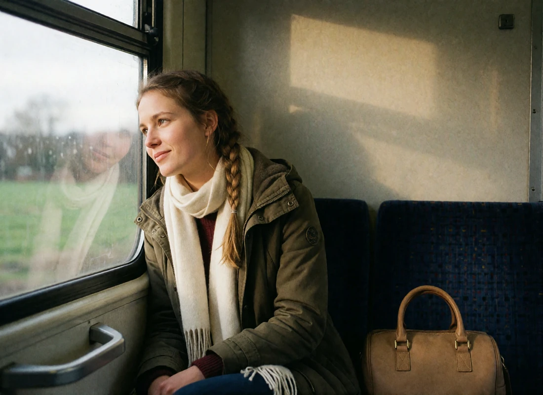 Woman in an olive travel coat resting against a train window, watching green countryside pass with a quiet smile