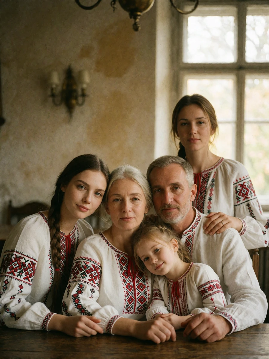 Multigenerational Ukrainian family in embroidered white linen shirts gathered closely together in a warmly lit heritage dining room