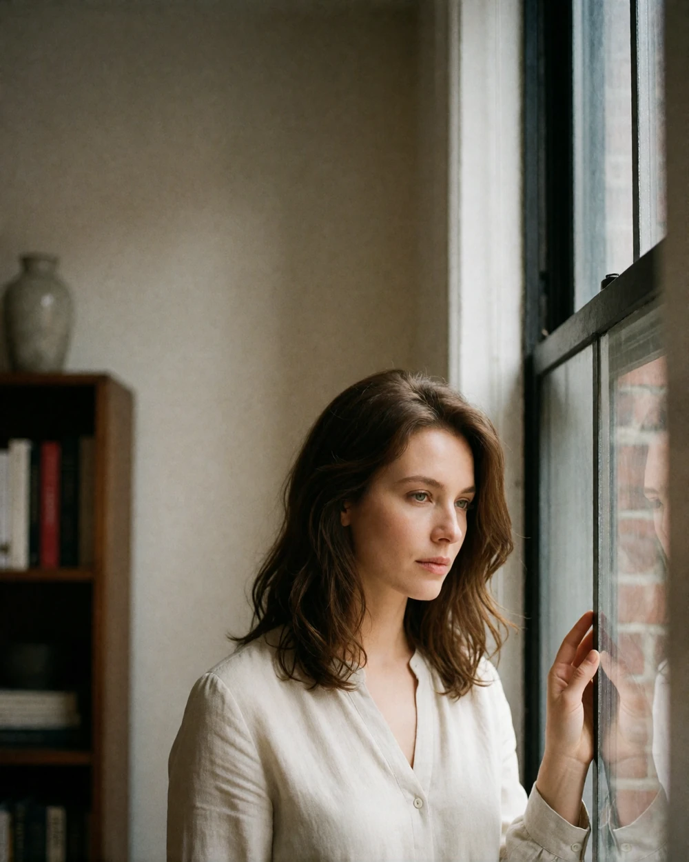 An elegant woman in her early thirties stands beside a tall apartment window in soft daylight, looking out thoughtfully