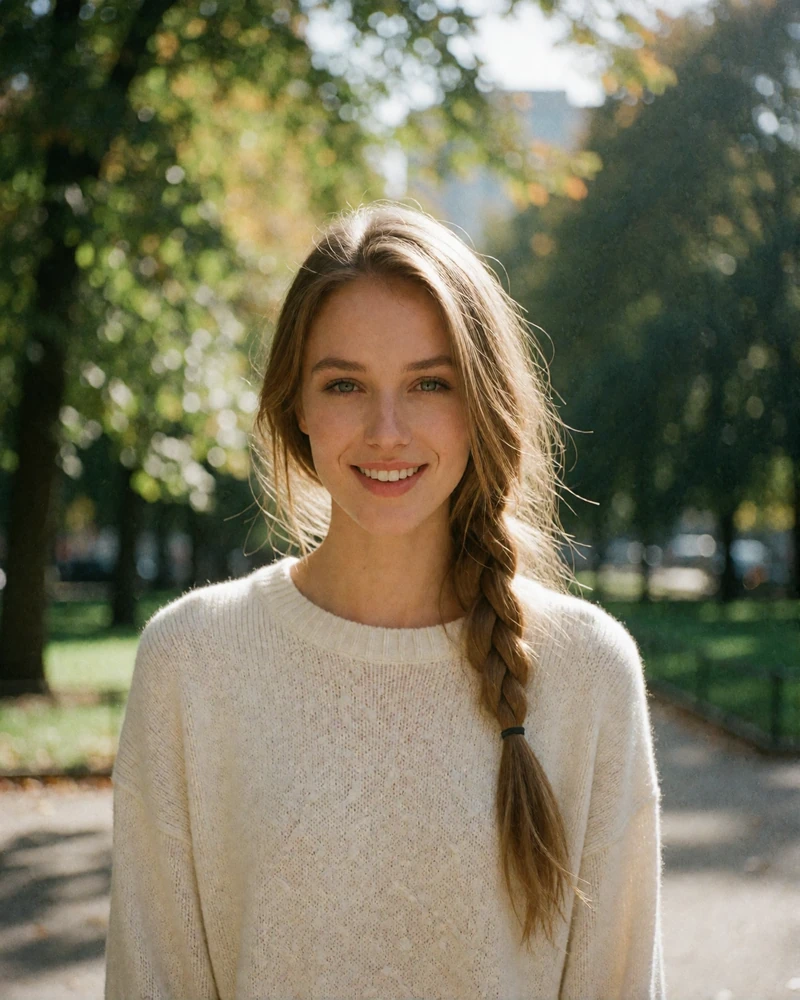 Smiling Ukrainian woman with a honey-blonde side braid in a cream knit sweater standing in a sunlit city park
