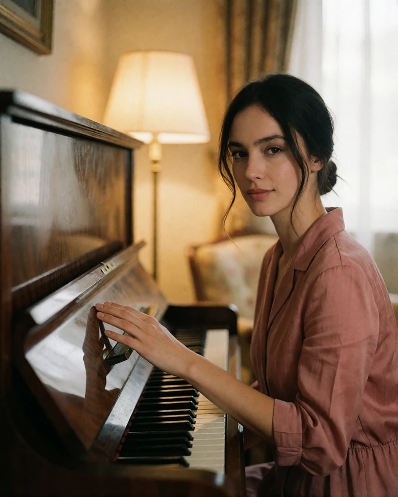 Romanian woman with dark hair pinned back sitting beside a piano in a warm-toned apartment