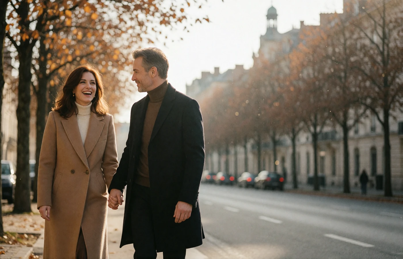 Couple in their forties walking hand in hand along a tree-lined European boulevard in warm late-afternoon light