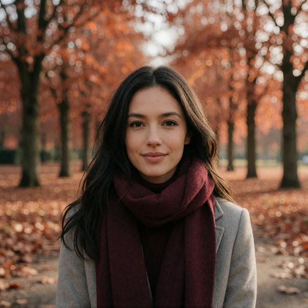 Czech woman in a burgundy scarf smiling on a tree-lined park path