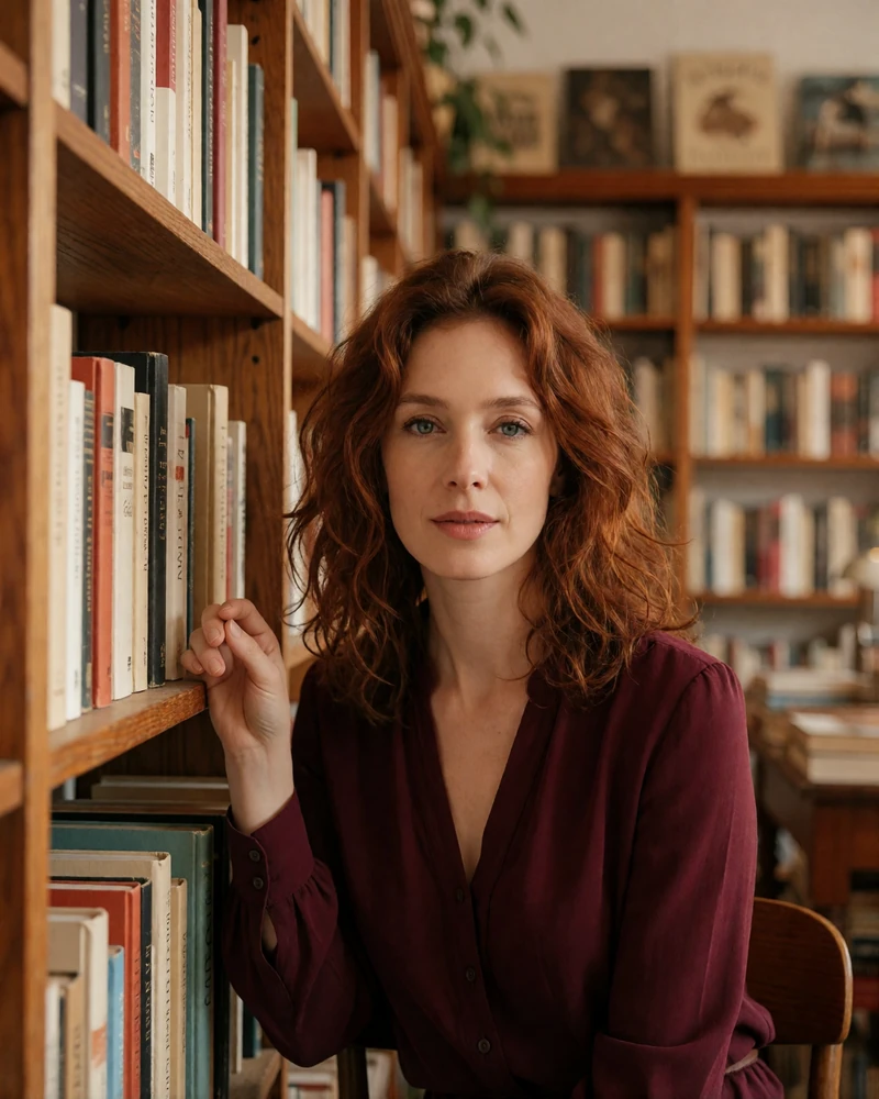 Czech woman with wavy auburn hair standing among wooden bookshelves in an independent bookshop